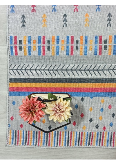 Gri Ve Çok Renkli Geometrik Desenli Modern Yolluk - Tk304ou