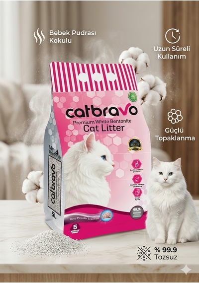 Catbravo Doğal Bentonite- Süper Topaklanan Bebek Pudrası Kokulu Kedi Kumu 10 Lt
