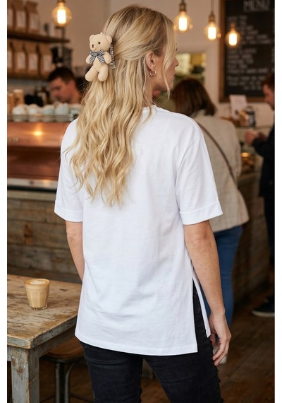 Armonika Kadın Beyaz Yuvarlak Yaka Duble Kol Yanları Yırtmaçlı Pamuklu T-shirt Arm-26y137001