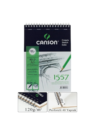 Telli Eskiz Defteri Canson 1557 A3 Spiralli 40 Yaprak 1 Adet 120 Gr 297x420 Mm Üstten Açılmalı Karakalem Sketch Book