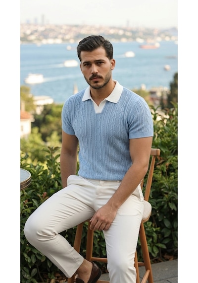 Veraura Lifestyle Erkek Desenli Kısa Kollu Triko Tişört - %100 Pamuk Akrilik Bebe Mavisi