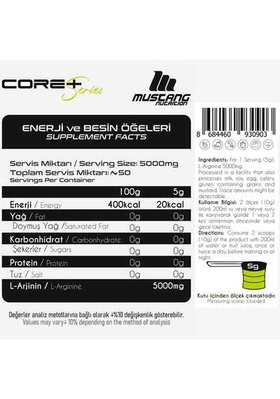 Mustang Nutrition Core+ Pure L-arginine Powder 250 Gr L-arjinin 50 Servis + Shaker + Protein Kahve Hediyeli Aromasız