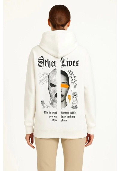 Freedom Store Kadın Oversize Kapüşonlu Kanguru Cepli Baskılı 3 İplik Pamuklu Sweatshirt Hoodie - Beyaz