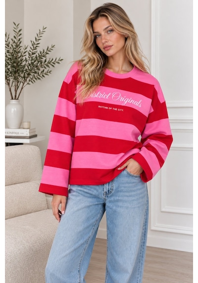 Lima Fuşya Kadın Çizgili Oversize Sweatshirt Bisiklet Yaka Baskılı Uzun Kollu Sweat