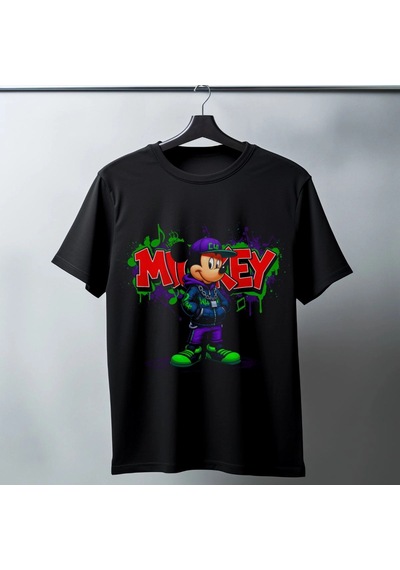 Freedom Store Mickey Mouse Graffiti Baskılı Unisex Siyah Oversize Tişört - 24/1 Penye