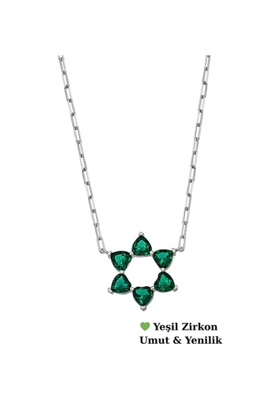 Aşkın Fısıltısı Ataç Zincir Gerdanlık Kolye Yeşil Zirkon Kalp Taşlı 925 Ayar Gümüş Gümüş