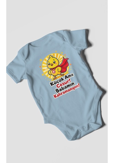 Morivokids Küçük Ama Cesur Babamın Kahramanıyım Kısa Kollu Bebek Body %100 Pamuk Bebe Mavisi