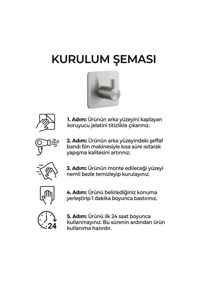 Tr Kare Yapışkanlı Askılık 304 18/10 Paslanmaz Çelik, Vidasız Deliksiz Metal Duvar Askısı, Banyo Mutfak Antre Genel