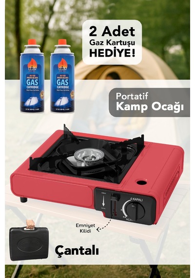 Portatif Kamp Ocağı - Taşıma Çantalı Gazlı Stop Emniyetli Kırmızı Kamp Ocağı Ve 2 Adet 227 Gr Kartuş Kırmızı