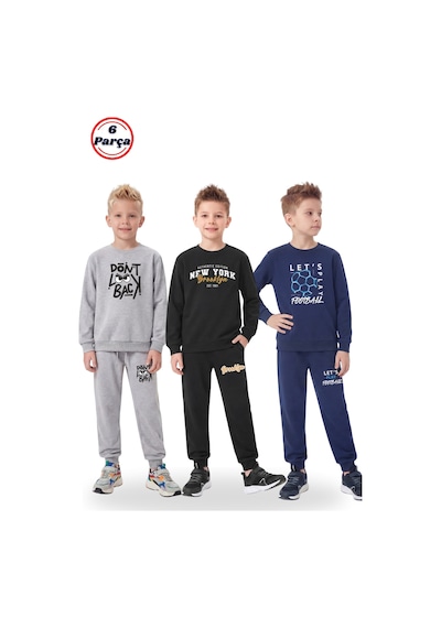 Fyk Kids 3'lü Yuvarlak Yaka Baskı Detaylı 6 Parça Erkek Çocuk Eşofman Takımı Gri - Siyah - Lacivert