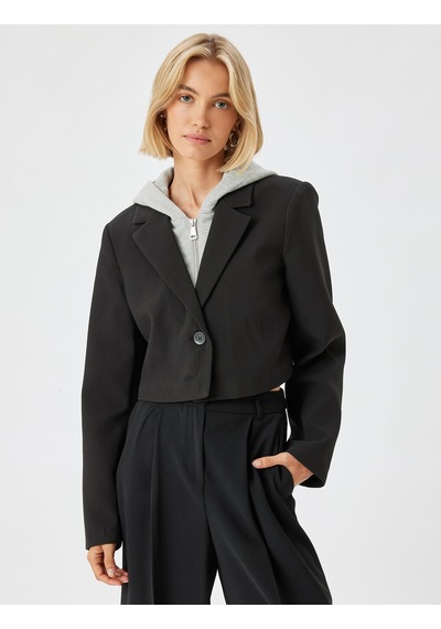 Koton Kapüşonlu Crop Blazer Ceket Kruvaze Düğmeli Siyah 5wak50052uw