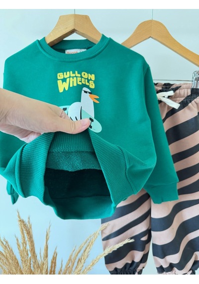 Magu Çocuk Pamuklu Oversize Baskılı Yeşil Sweatshirt Ve Desenli Eşofman Altı Takımı