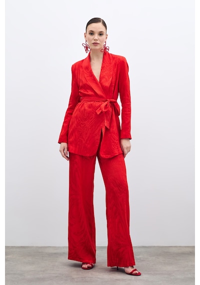 Sateen Yüksek Bel Desenli Pantolon - Kırmızı-135700 Kırmızı