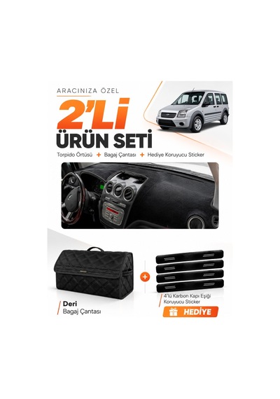 E-biz Ford Connect 2009-2012 Uyumlu Torpido Örtüsü + Deri Bagaj Çantası Seti - Siyah - Fo017