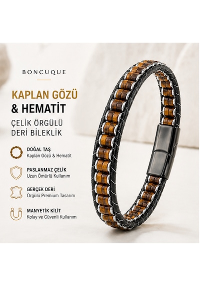 Premium Kaplan Gözü & Hematit Erkek Bileklik Çelik Kilitli Şık Deri Örgü Tasarım Kahverengi