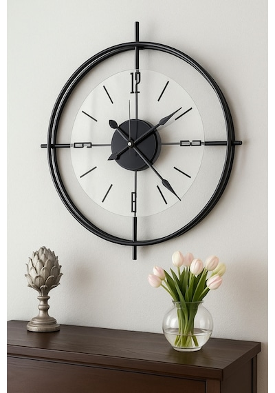 MetaQuartz Aksesuar Deluxe Şeffaf Cam İskandinav Çiftçember Camlı Duvar Saati Siyah 55 x 55 CM