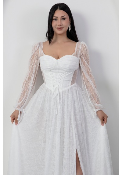 Kalopya Kalp Yaka Uzun Kol Dantel Elbise Ecr5733 BEYAZ