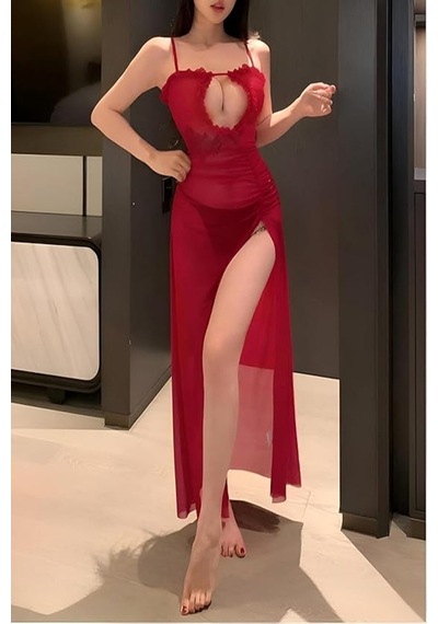 Venlisa Transparan Yırtmaçlı Gecelik Kırmızı
