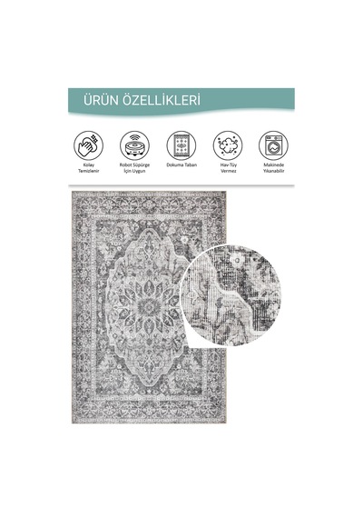 Artloop Stonart Eskitme Vintage Desenli Gri Otantik Yıkanabilir Şönil Halı Al 457 Gri 11