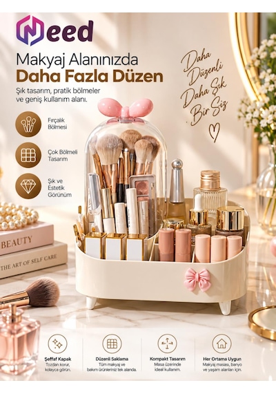Need Şeffaf Kapaklı Toz Korumalı Fırçalık Bölmeli Makyaj Organizeri Kozmetik Düzenleyici Krem Nd-8069-crm