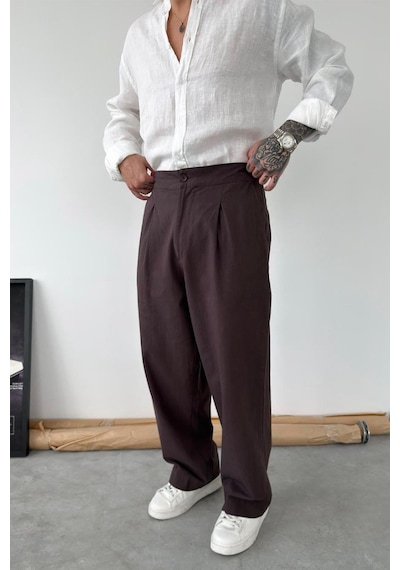 Kahverengi Premium Baggy Keten Pantolon