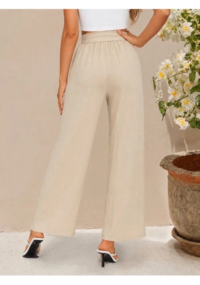 DefyModa Kadın Yüksek Bel Lastikli Bağcıklı Uzun Geniş Kesim Detaylı Krinkıl Pantolon Bej