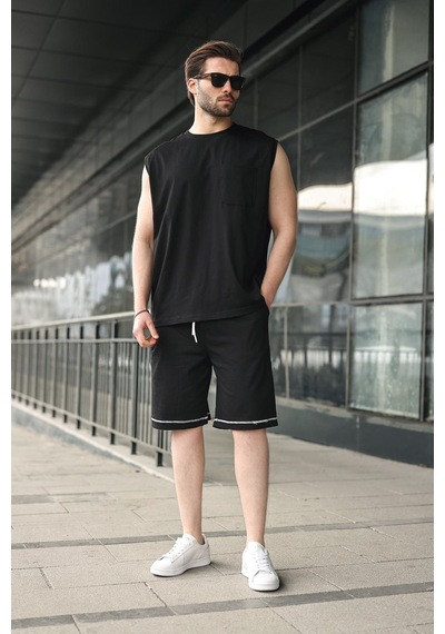 Madmext Siyah Bisiklet Yaka Kolsuz Erkek Şort T-shirt Takım E7351 Siyah