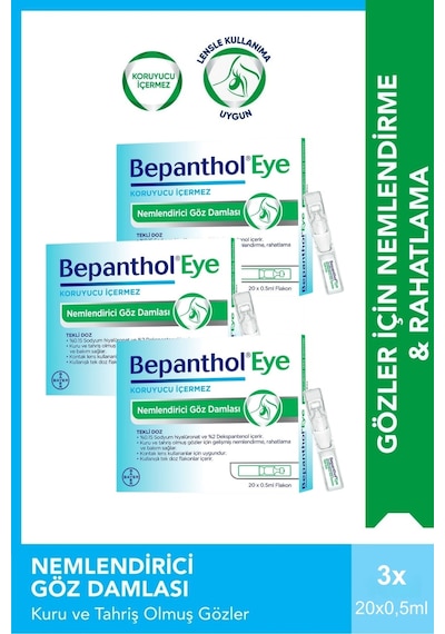 Bepanthol Eye Nemlendirici Göz Damlası Tekli Doz 0.5ml X 20 Flakon X 3 Adet