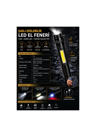 Şarjlı Led El Feneri 5w Cob Led Zoomlu 3 Modlu Usb Şarjlı Kamp Ve Acil Durum Feneri Siyah - 920253238 Siyah