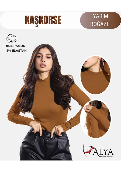 Alya Underwear Kaşkorse Yarım Boğaz Body Sweatshirt, Fitilli Kumaş, Likralı, Bordo Kahverengi