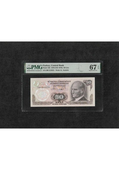 Türk Lirası Pmg 67 Epq Superb Gem Unc 50 Lira P 188 1970 Nd 1976 S/n I90 6. Emisyon 2. Tertip