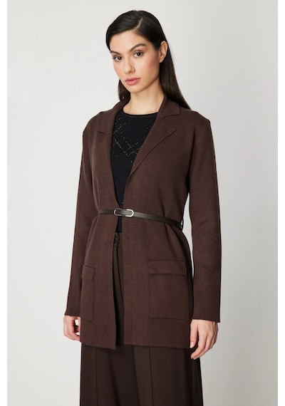 On Fashion Kadın Önü Açık Cepli Kemerli Kahverengi Hırka 69907 Kahve