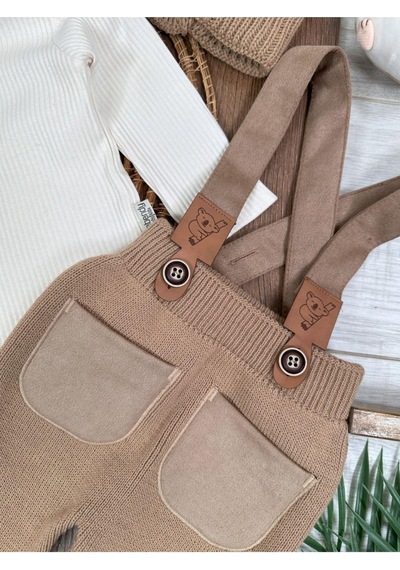 Bebicix Triko Askılı Koala Temalı Kaşkorse Esnek Badili Bereli Unisex Bebek Takım Sütlü Kahve