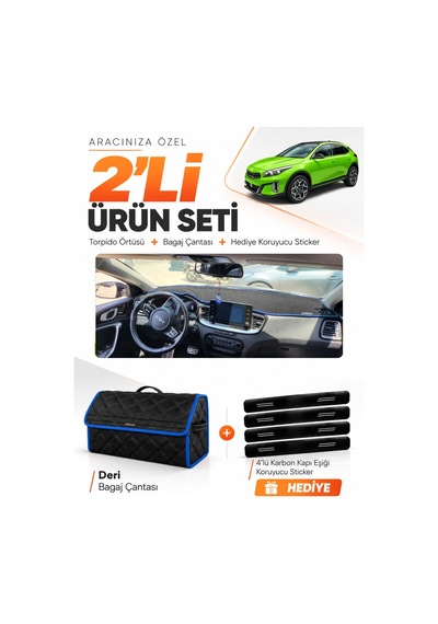 Kia X-ceed 2020-2025 Uyumlu Torpido Örtüsü + Deri Bagaj Çantası + Sticker Seti - Siyah Mavi