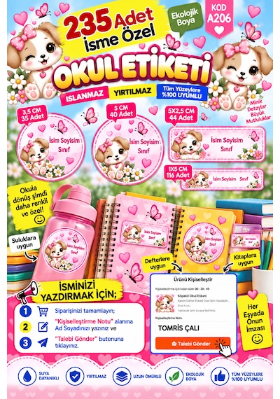 Okul Etiketi 235 Adet Kişiye Özel İsim Yazılabilen Kullanışlı Çok Renkli