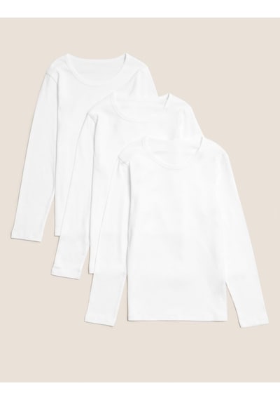Marks & Spencer Saf Pamuklu 3'lü Uzun Kollu Atlet (2-16 Yaş) T71001410V Beyaz