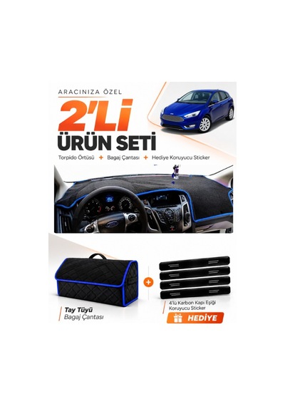 E-biz Ford Focus 3 2011-2016 Uyumlu Torpido Örtüsü + Tay Tüyü Bagaj Çantası - Siyah-mavi - Fo012