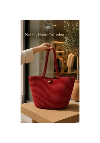 Nakkaş Home Collection Jüt Çanta Kadın Hasır Çanta, Plaj Çantası, Omuz Ve Günlük Kullanım Çantası-bordo-45x30 Cm
