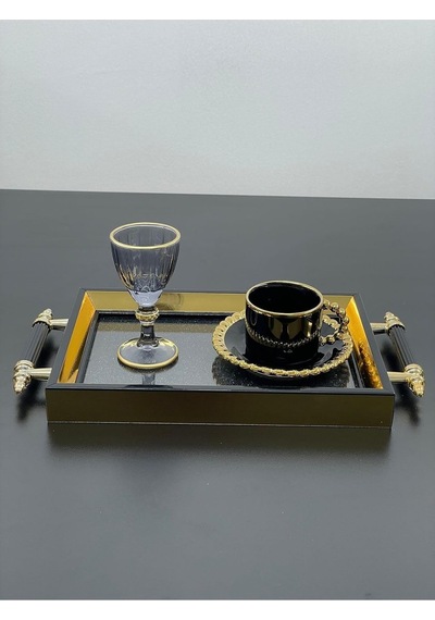 Lüks Gold Detaylı Simli Sunum Tepsisi Yaldızlı Tepsi 32 17cm Çok Renkli
