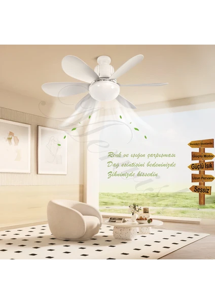 Led Ampullü Tavan Vantilatörü - 6 Pervaneli - 40w - Uzaktan Kumandalı 3 Renk Tonu Seçimli - Kademe Ve Zaman Ayarlı - E27 Duy