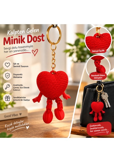 Hareketli Kalp Figürlü Kırmızı Anahtarlık Sevimli Tasarım - 3d Baskı
