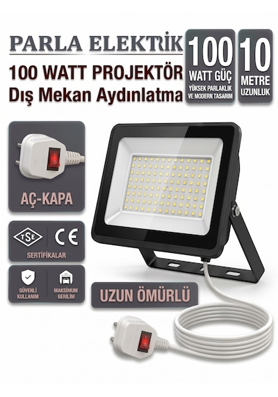 Parla 100 Watt Projektör Hazır 10 Metre Kablolu Aç-kapa 100w - Beyaz Işık