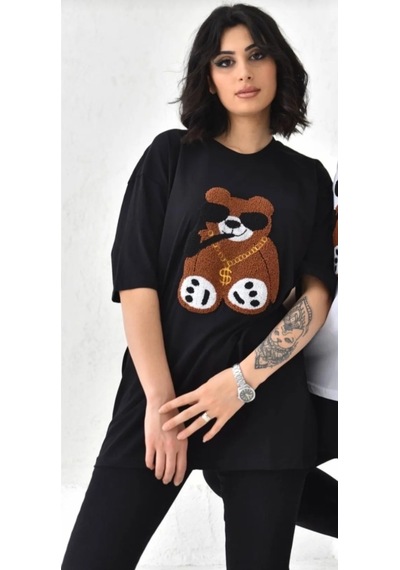 Unisex Sevgili Kombini Çift Unicex Peluş Tişört Siyah