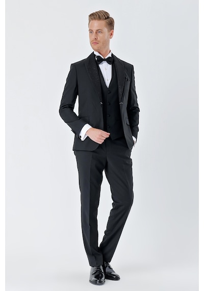 İmza Siyah Çizgili Çıkarılabilir Şal Yaka Yelekli 6 Drop Slim Fit Smokin Damatlık Takım 1001230212-Siyah