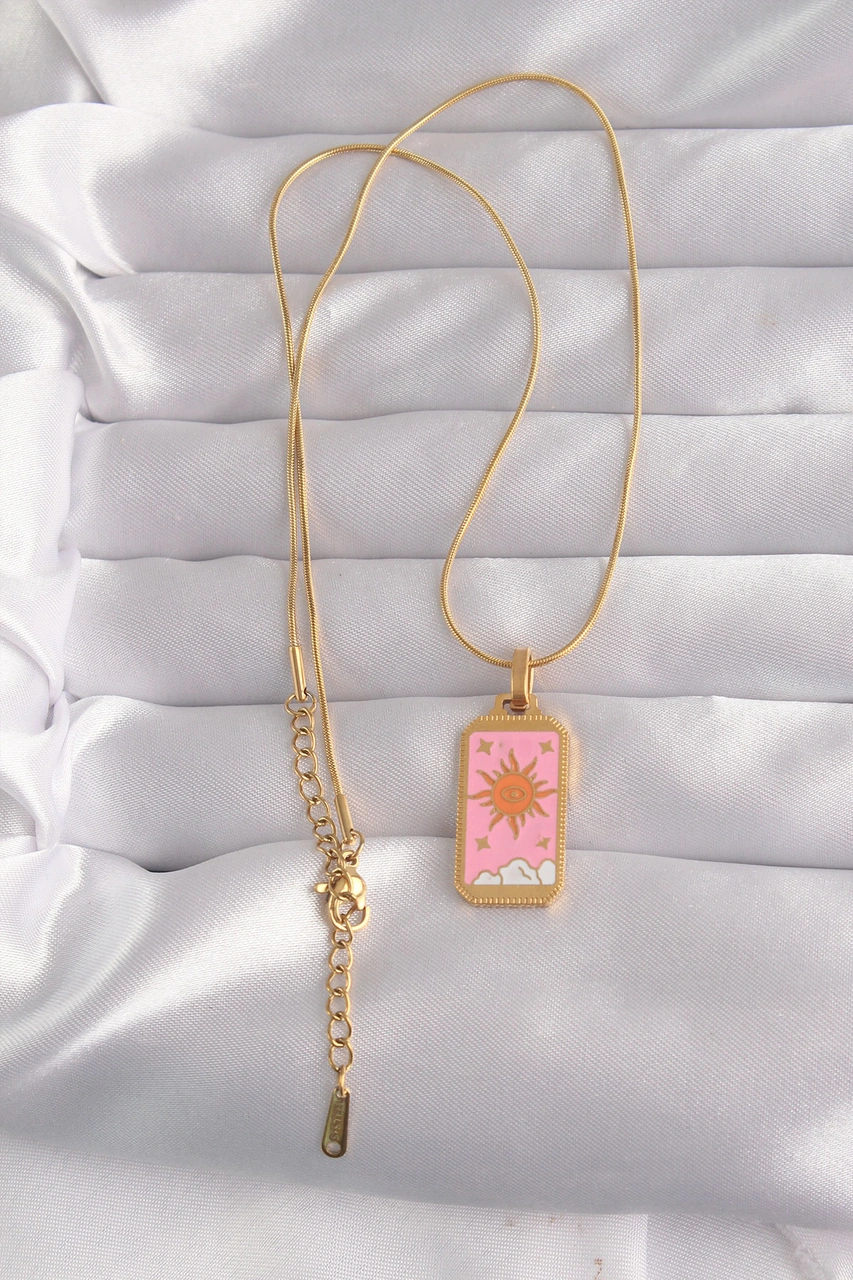 316l Çelik Gold Renk Pembe Mineli Güneş Model Tarot Kolye 03 - Altın
