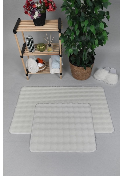 Modern Bubble Yıkanabilir Kaymaz Peluş Banyo Paspası Halısı 2'li Klozet Takımı 50x80-50x40cm Krem Diğer
