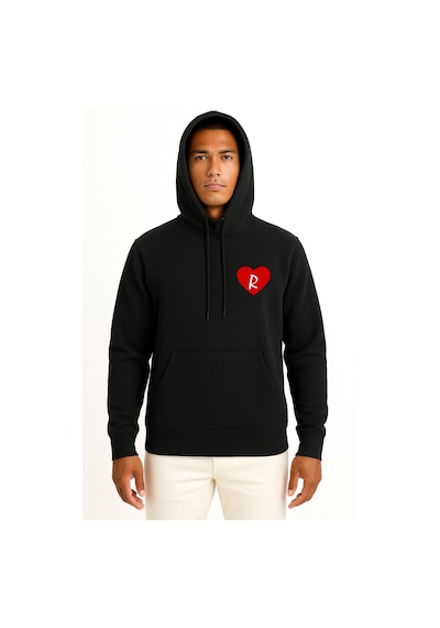 Bahriyeli Collection Kapüşonlu Sevgililer Günü Özel Kalp İçinde R Harfi Cep Baskılı Unisex Sweatshirt Siyah