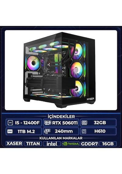 Xaser Thor X50 i5-12400F 32 GB 1 TB M.2 NVMe SSD 16 GB RTX5060Ti Free Dos Masaüstü Oyuncu Bilgisayarı