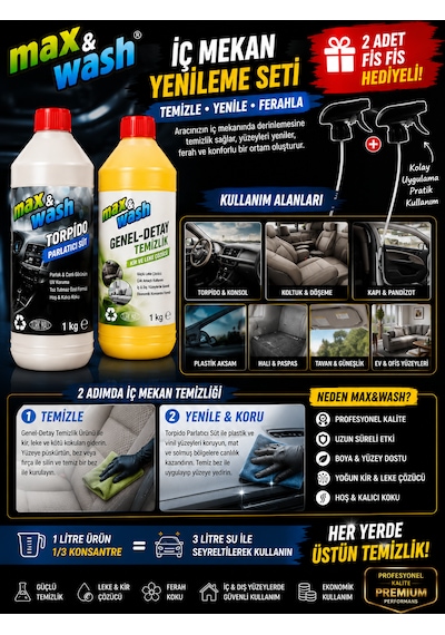 Max&wash İç Mekan Yenileme Seti 2'li 1 Kg Torpido Parlatıcı Süt + 1 Kg Genel Detay Temizleyici + 2 Adet Fıs Fıs Başlık Hediyeli Araç İç Temizlik Ve Bakım Seti