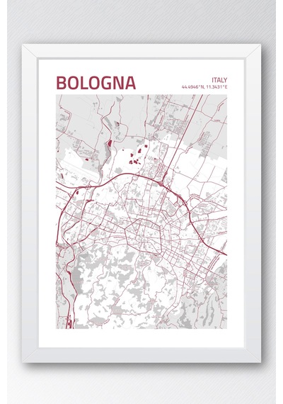 Bologna İtalya Italy Haritası Çerçeveli Tablo Lüks Salon Ofis Duvar Dekorasyonu Hediyelik Tablo Beyaz